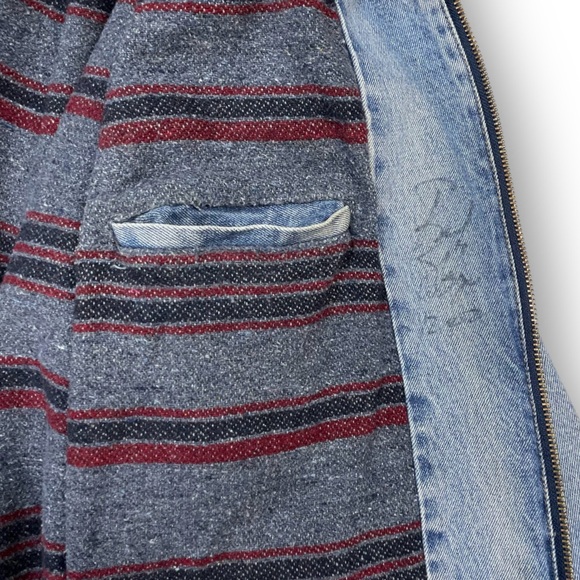 Woolrich 90s Denim Work Jacket Men's L Leather Collar Blanket Lined Distressed - Picture 13 of 16